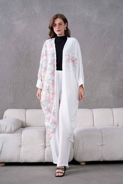 Miss Allos Women's Front Tulle Floral Embroidered Stone Detailed Linen Kimono and Pants Bottom Top Set