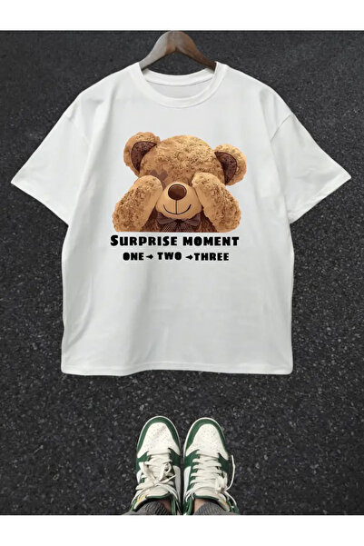Jooy Tricou supradimensionat alb cu imprimeu Shy Teddy Bear