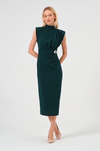 Moda Palmiss Women's Emerald Green Drape Detailed Padded Brooch Detailed Dress