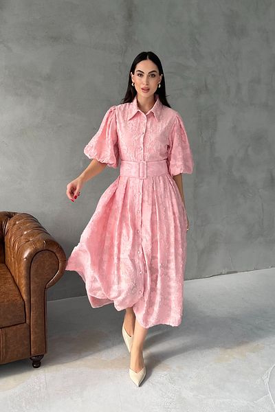 Seda Yalçın Atelier Pink Venyl Balloon Sleeve Flared Dress with Belt