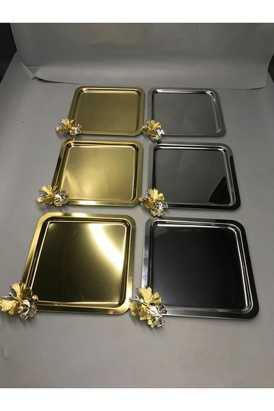 Kumsal Hediyelik Stainless Steel Square 6-Piece Silver Coffee, Tea, Decorative Presentation Serving Tray with Luxury Butterfly Accessories