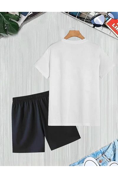 Medinenur Zipper Teddy Bear Pattern Printed T-Shirt Short Wide Leg Comfortable Fit Black Bottom Black Top Short Set