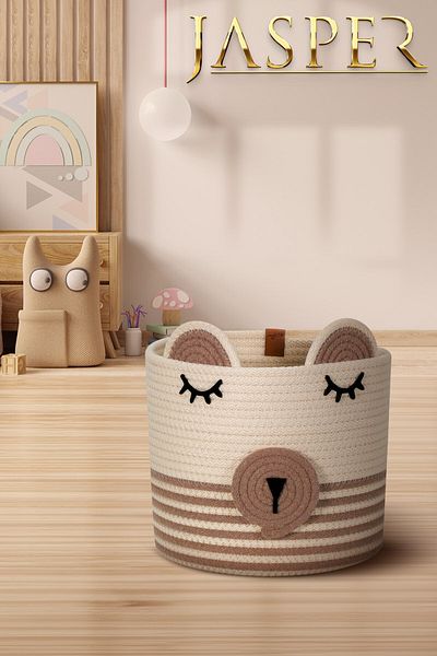 JASPER Multi-Purpose Children's Room Toy Outfit Dirty Basket with Jute Rope Panda Design in Beige