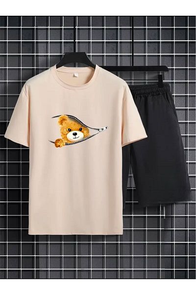 Medinenur Zipper Teddy Bear Pattern Printed T-Shirt Short Wide Leg Comfortable Fit Black Bottom Black Top Short Set