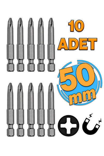 Badem10 Mıknatıslı Yıldız PH2 Bits Uç 50 mm 10'lu Set Kutulu Manyetik 1/4" Matkap Ucu 5 cm Uzunluk