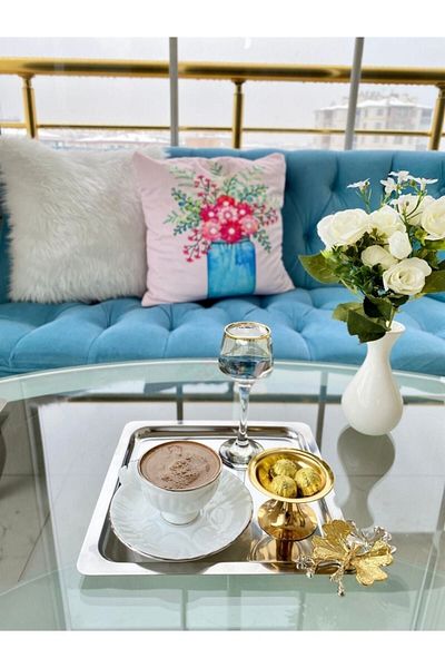 Kumsal Hediyelik Stainless Steel Square 6-Piece Silver Coffee, Tea, Decorative Presentation Serving Tray with Luxury Butterfly Accessories