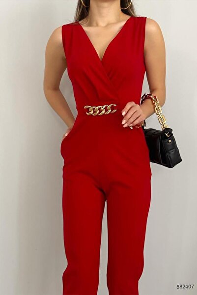 Deafox Red Imported Crepe Fabric Chain Detailed Jumpsuit