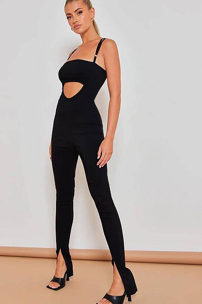 Deafox Black Sandy Fabric Hanging Window Detail Slit Jumpsuit