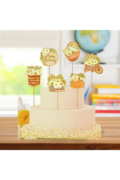 Deniz Party Store 6 Pieces Daisy Themed Cake Ornament Figure Set - Long Toothpick