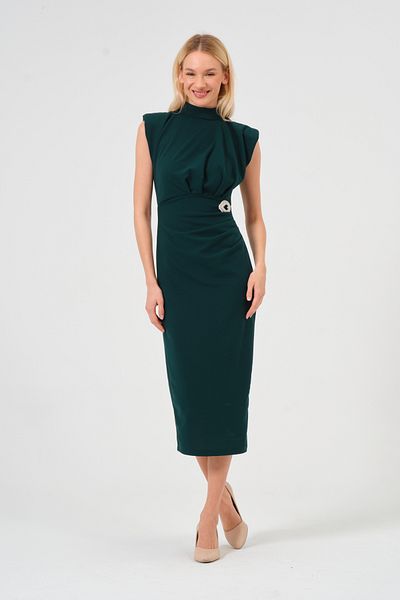 Moda Palmiss Women's Emerald Green Drape Detailed Padded Brooch Detailed Dress