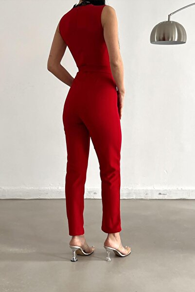 Deafox Red Lace Detailed Belted Imported Crepe Fabric Jumpsuit