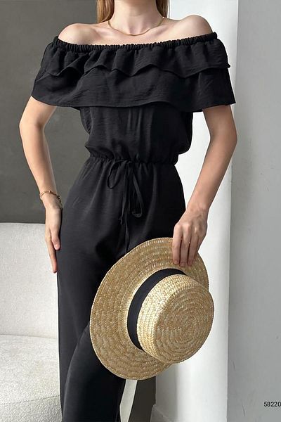 Deafox Black Ayrobin Fabric Frilly Women's Jumpsuit