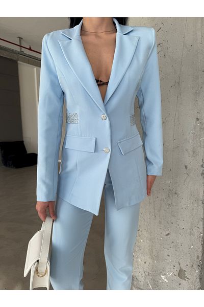 Female Clothing Baby Blue Stone Detail Blazer Jacket Stretchy Pocket Belt Pants Suit