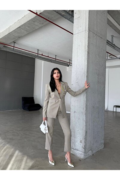 Female Clothing Asimetrik Pötikare Blazer Ceket Kemerli Yüksek Bel Cepli Pantolon Takım Elbise