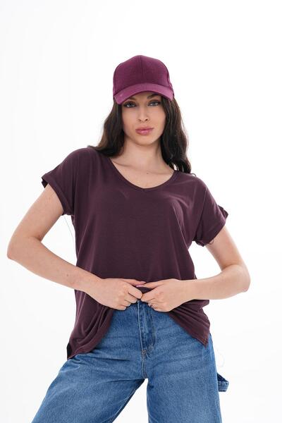 ŞİMAL Дамска тениска с V-образно деколте и цепка, свободен крой, 250016 -