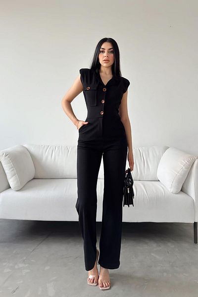 Deafox Salopetă din țesătură creponată importată cu buzunar negru cu centură