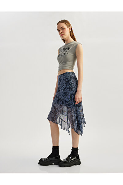 Koton Asimetrik Kesim Desenli Midi Tül Slim Fit Etek