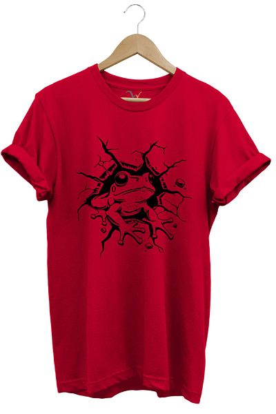 WİDİ Cute Frog Printed 100% Cotton Regular Fit Crew Neck Red T-Shirt
