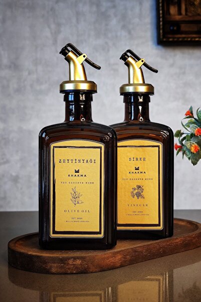 KHAKMA طقم وعاء زيت زجاجة خل زيت الزيتون من أمبر جولد مكون من قطعتين مع حامل ...