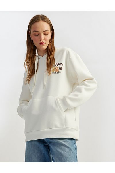 Koton Raised Hooded Kangaroo Pocket Printed Oversize Sweatshirt