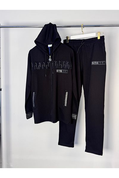 Posh Chic Plus Size Black Jewelled Hooded Tracksuit Set