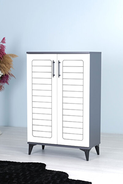 mistik home Luna 2 Kapaklı 4 Bölmeli Modern Ayakkabılık - Beyaz / Antrasit | 70x108x35 Cm