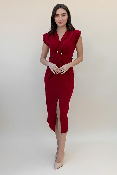 Sorridi Pearls Double Breasted Neckline Front Slit Midi Dress