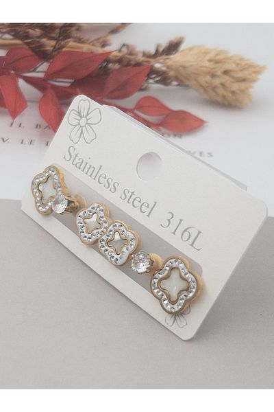 Siya Silver 316L Anti-Tarnish Steel Brand Model 3 Double Clover Earring Set