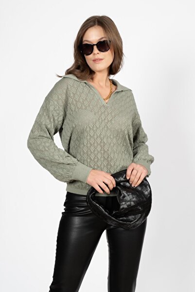 RTD&VLD Kadın Vt77 Sara Ajurlu Polo Yaka Ince Triko Kazak Çağla Yeşili