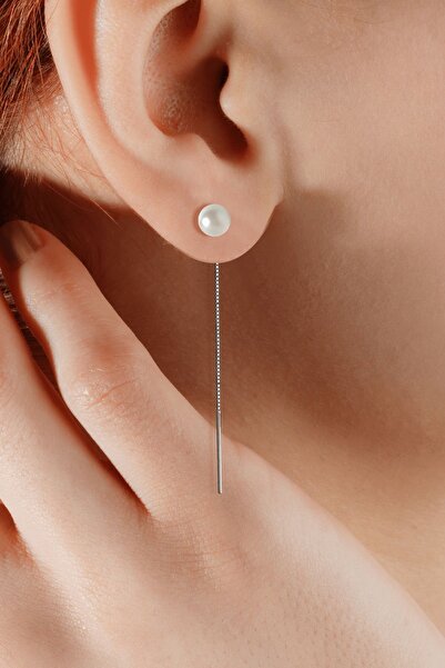 jelux silver Gümüş 925 Ayar 6 Mm Inci Zincirli Küpe