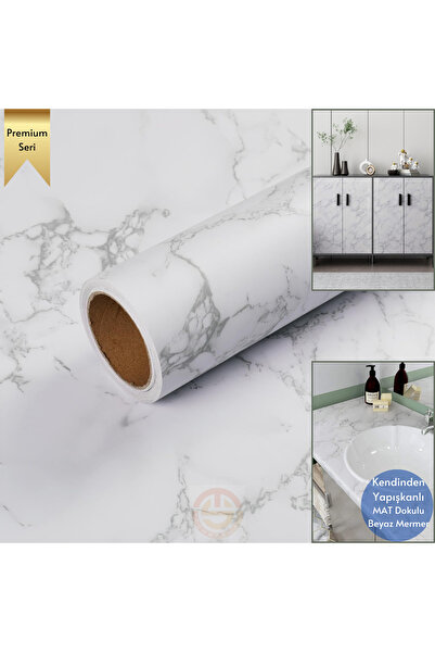 TechnoSmart 60x500cm Mat Mermer Desenli Kendinden Yapışkanlı Duvar Kağıdı Kaplama Mutfak Masa Folyo