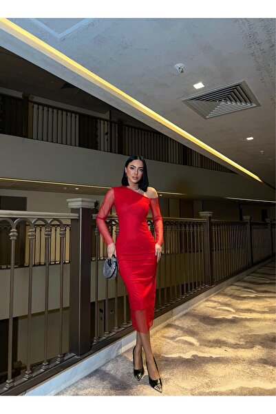 WoolnClyde Kadın Kırmızı Asimetrik Yaka Tek Omuz Tül Detaylı Midi Boy Elbise