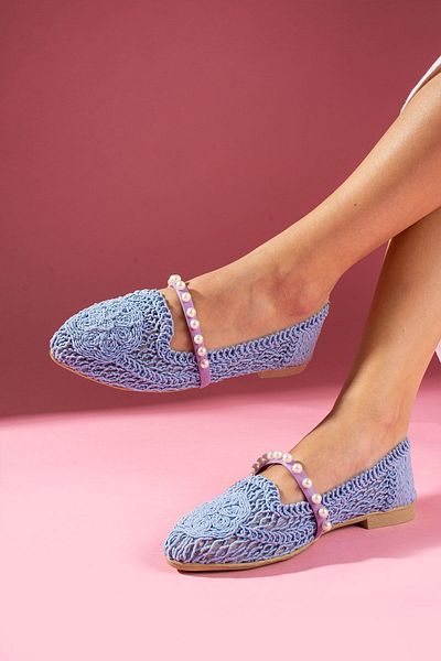 FUGA MODA Balerini Barta Baby Blue Oval Brodat cu centura de perle