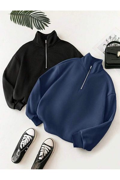 DEZZİİ 2-Piece Black and Navy Stand Collar Pullover Sweatshirt