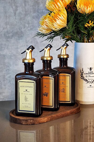 KHAKMA Amber Gold Olive Oil Pomegranate Sour Vinegar Bottle Oil Pot with Wooden Stand Set of 3 250ml Goldcb3