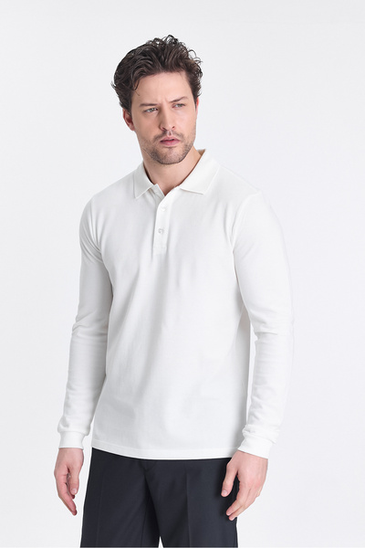 Frappoli Frank Ανδρικό - Λευκό Slim Fit Polo T-shirt, 100% βαμβάκι, μακρύ μανίκι