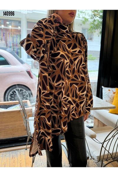 Kokosh moda Women's Leopard Detail Semi Turtleneck Asymmetrical Cutout Stylish Blouse