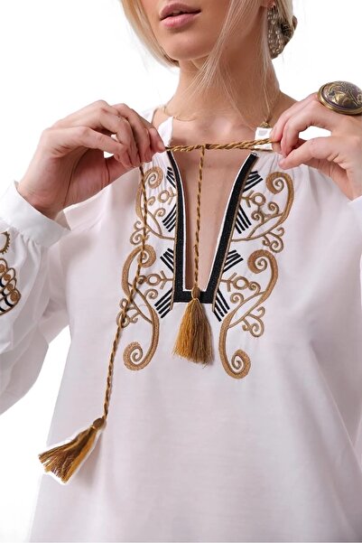 Cassime Γυναικεία Λευκή Χρυσή Ethnic Κεντημένη Μακρυμάνικη Βαμβακερή Μπλούζα