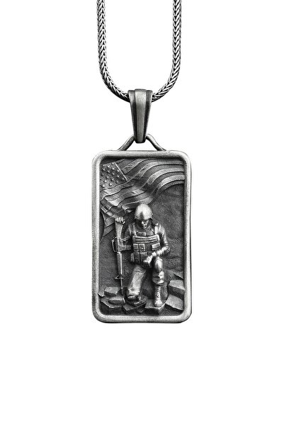 Bysilverstone Asker ve Amerika Bayrağı Künye Gümüş Kolye