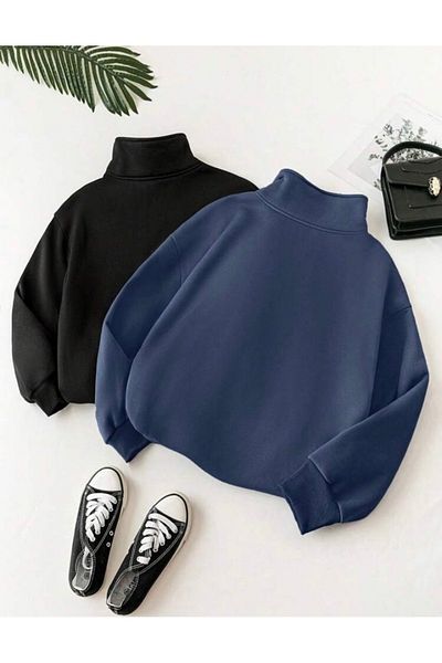 DEZZİİ 2-Piece Black and Navy Stand Collar Pullover Sweatshirt