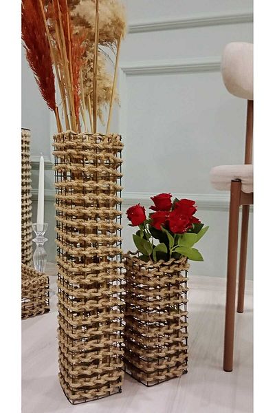 Egindra Квадратна метална ваза от плетена тел и ракита, специален дизайн, пампас, 50-25 см, 2 броя
