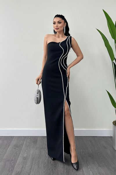 giyimmasalı Βραδινό φόρεμα Atlas Fabric Stone Stripe Detailed - ΜΑΥΡΟ