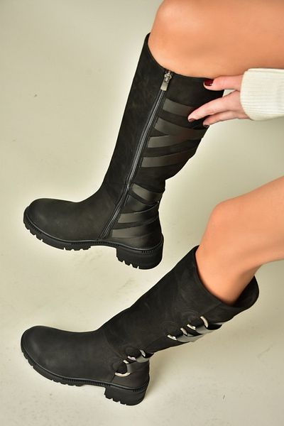 Fox Shoes Τ 654047201   Μαύρα γυναικεία μποτάκια Nubuck από γνήσιο δέρμα