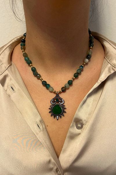 Suerte Accessories Green Natural Stone - Diamond Mounted End Necklace, Special Design Jewelry Shop