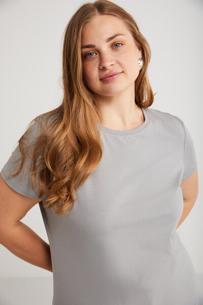 ETHIQUET Mayra Women's Slim Fit Slim Fit Crew Neck Basic Gray Plus Size T-Shirt