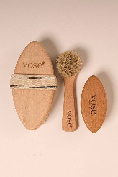Vose Set of 3 Natural Horsehair Cellulite Brush (VANILLA) Face Brush Nail Brush