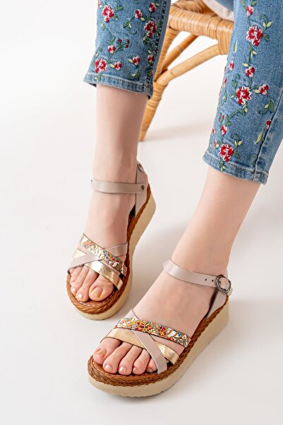 İNFON 730-015 Beige Garni Orthopedic Genuine Leather Wedge Women's Sandals