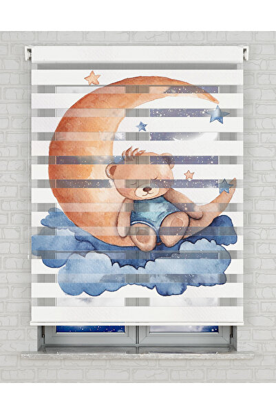 AD Home Ay Üzerinde Uyuyan Sevimli ayıcık Baskılı Zebra Perde - Gece Gündüz -...