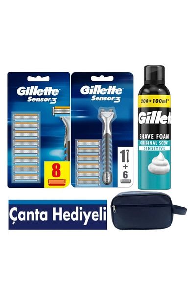 Gillette Sensor3 Machine + 14 Pieces Spare Razor + 250 Ml Foam + Travel Bag