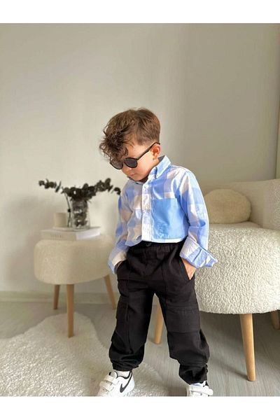BabyMoon Boy's Blue Long Sleeve Shirt Parachute Pants Double Set
